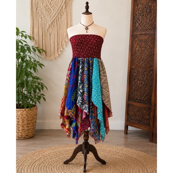 Dresses & Skirts - Patchwork Handkerchief Festival Midi Dress Boho Hippie Gypsy Nomad  Wanderlust